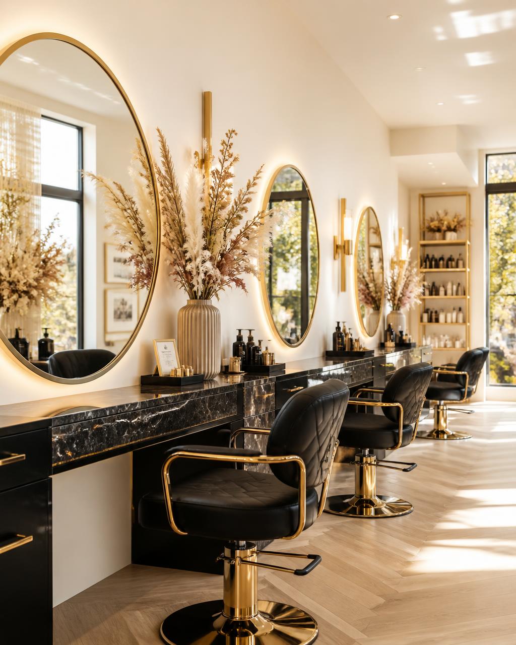 Interior luminoso do salão Luxe Beauty com espelhos dourados e estações de beleza